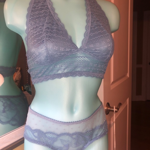 Victoria’s Secret Denim Blue Lace Bralette & Mesh Cheeky Set M/L NEW - Picture 3 of 5